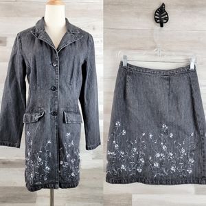 Vintage Style Works Denim Floral Embroidered Midi Skirt Coat Set Women's Size 6